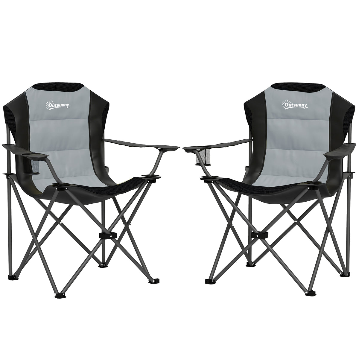 Outsunny Lot von 2 klappbaren Campingstühlen gepolstert mit hoher Rückenlehne und Getränkehalter, belastbar bis 120 kg, dunkelgrau