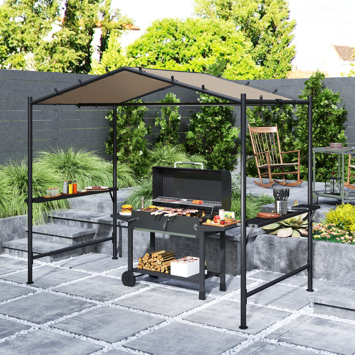 Outsunny Grillzelt Grilldach, wetterbeständig, inkl. Seitentaschen, 277 x 149 x 230 cm, Khaki