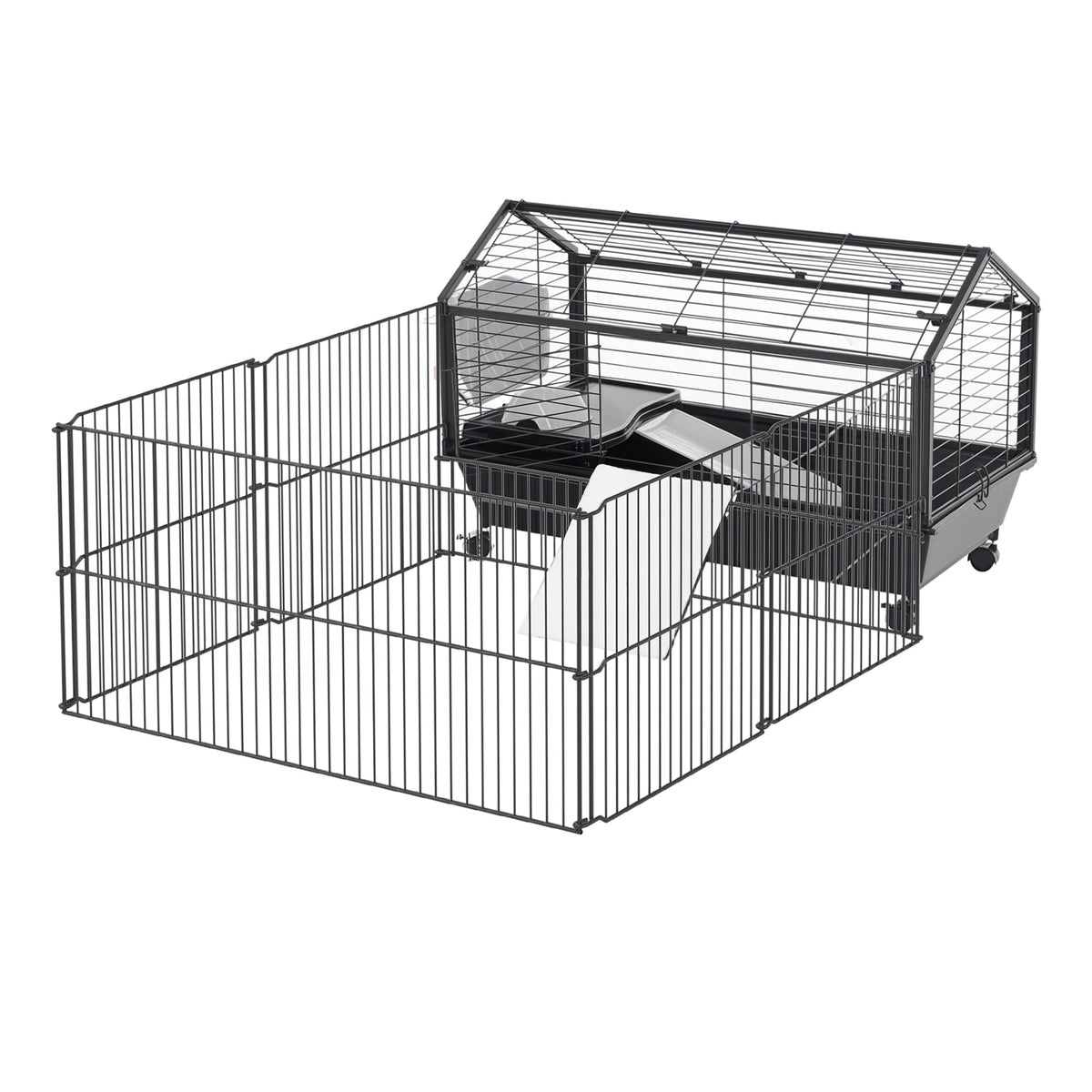 Pawhut Kleintierkäfig mit Freigehege inkl. Zubehör 88 cm x 128,5 cm x 56 cm  4 Rollen Schwarz Metall Polypropylen