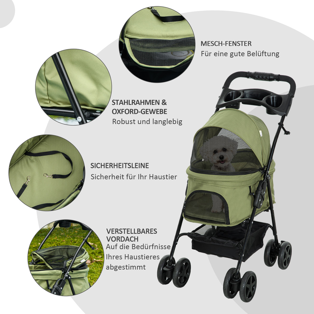 PawHut Hundewagen Hundebuggy, klappbar, 2 Sicherheitsleinen, 2 Becherhalter,  67 x 45 x 96 cm, Khaki
