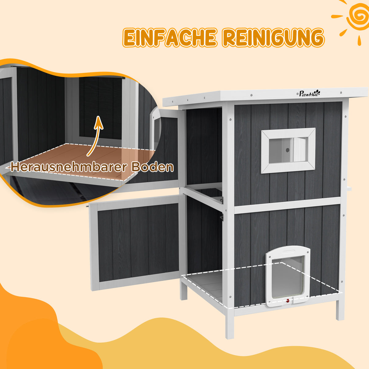 PawHut Katzenhaus Katzenhütte Katzenhöhle, Outdoor, wetterbeständig, 60 x 60 x 90, 5 cm, Grau + Weiß