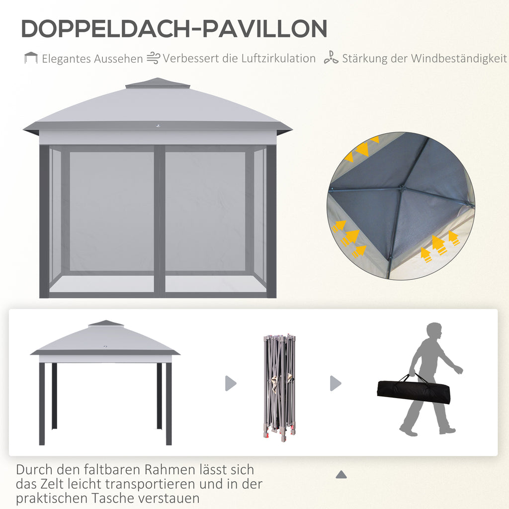 Outsunny Faltpavillon, Gartenpavillon, Metall und Stoffplane, Netzvorhänge, Entwässerungslöcher, 330L x 330B x 288H cm, Grau