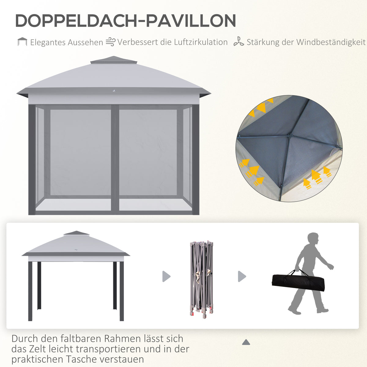 Outsunny Faltpavillon, Gartenpavillon, Metall und Stoffplane, Netzvorhänge, Entwässerungslöcher, 330L x 330B x 288H cm, Grau