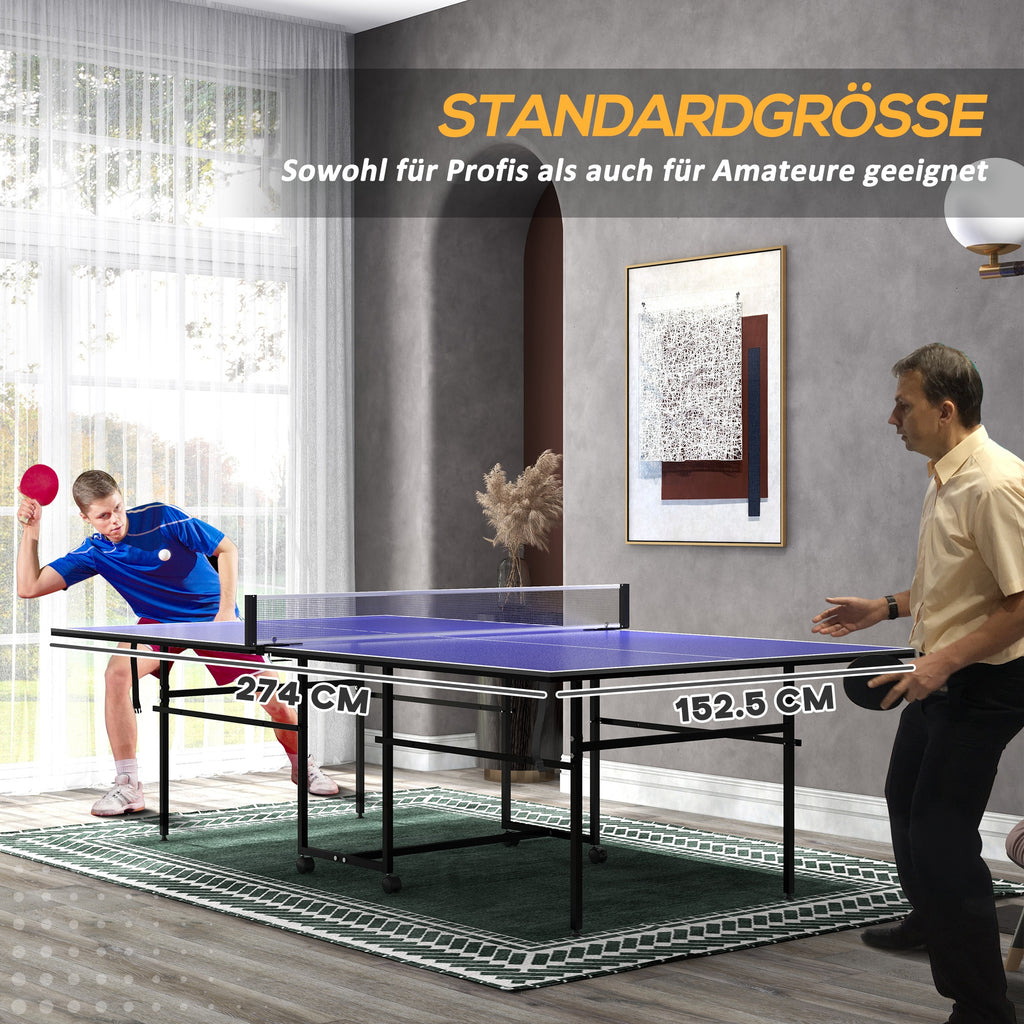 SPORTNOW Tischtennisplatte, klappbar, mobil, 2 Schläger, 3 Bälle, Metallrahmen, 274x152,5x76 cm, Blau