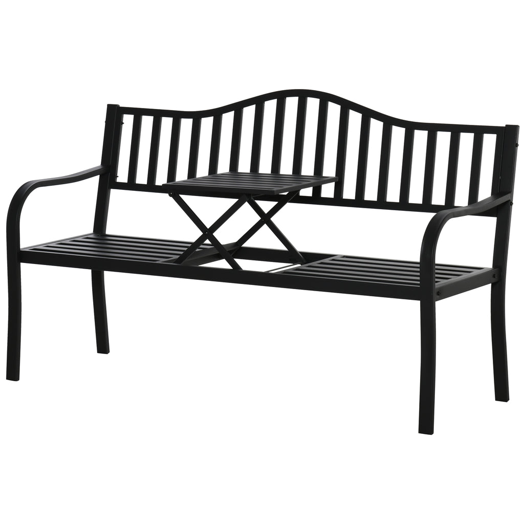 Outsunny 2-Sitzer Gartenbank robust Parkbank mit ausziehbarem Tisch Sitzbank Bank 240kg belastbar Terrassenbank mit Rücken- & Armlehnen Gartenmöbel für Terrasse, Garten 150 x 58,5 x 90 cm Schwarz