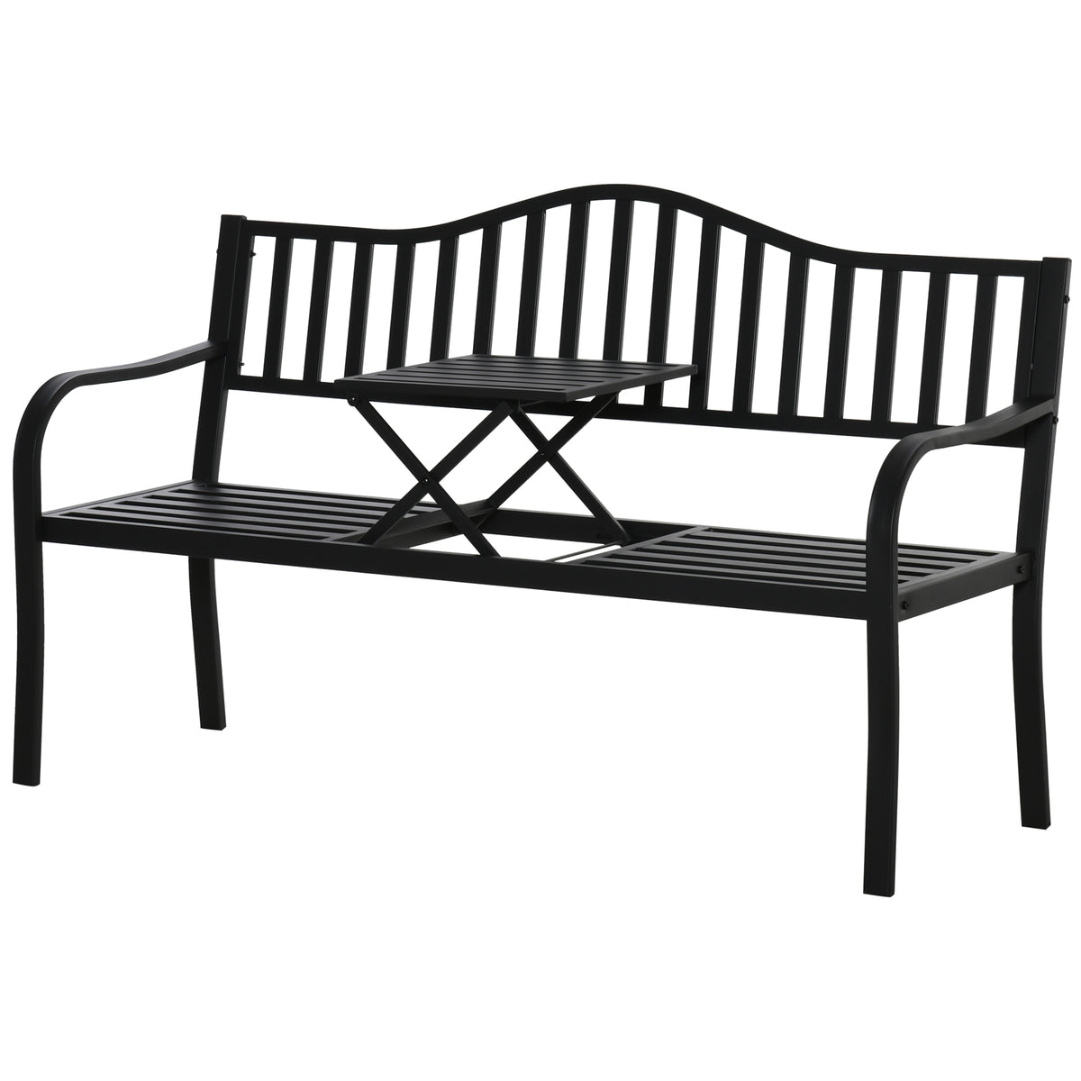 Outsunny 2-Sitzer Gartenbank robust Parkbank mit ausziehbarem Tisch Sitzbank Bank 240kg belastbar Terrassenbank mit Rücken- & Armlehnen Gartenmöbel für Terrasse, Garten 150 x 58,5 x 90 cm Schwarz