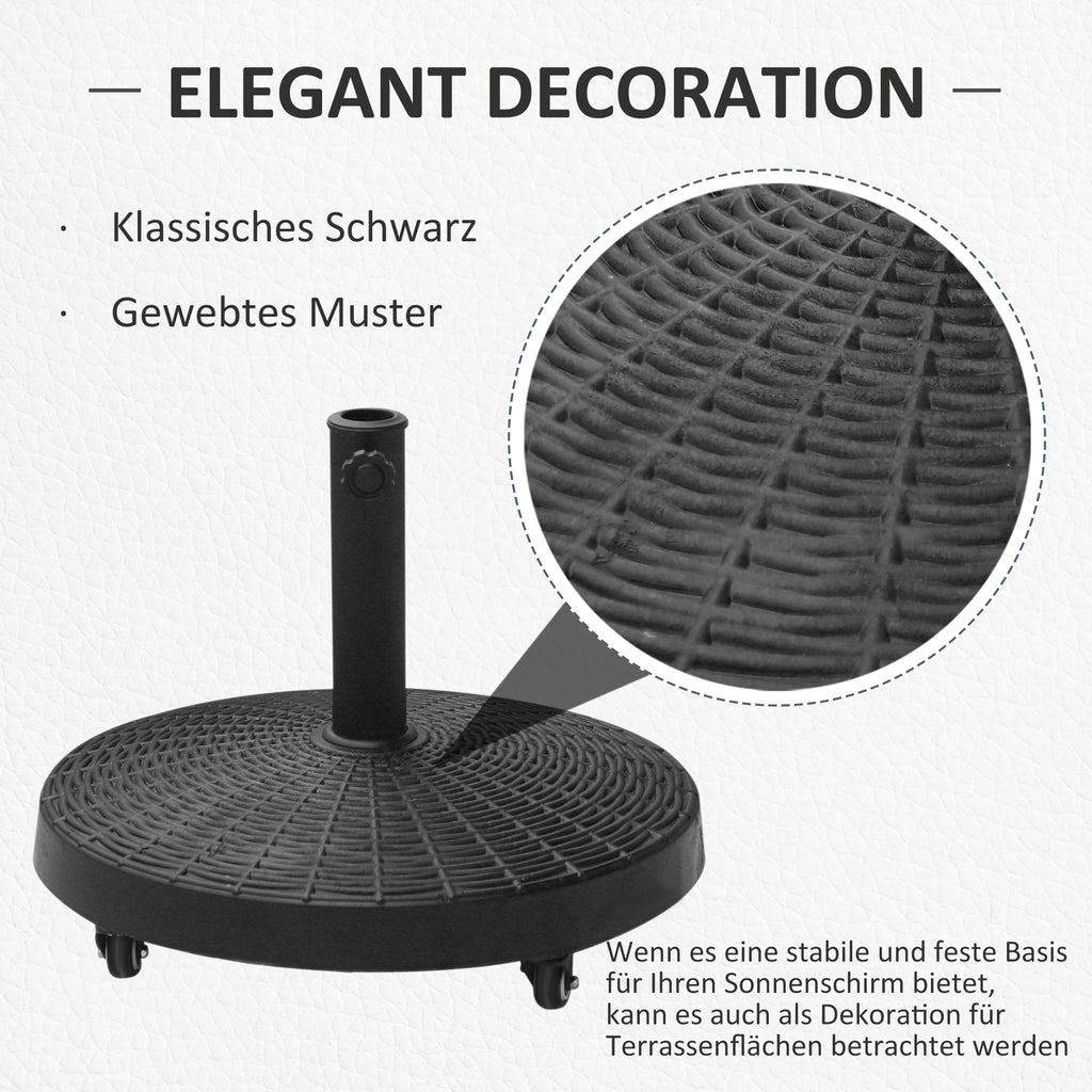 Outsunny Sonnenschirmständer 25kg Schirmständer mit Rollen rund Rattanoptik Ständer für Schirmstangen mit Ø38/48 mm Ständer für Garten, Balkon, Schwarz