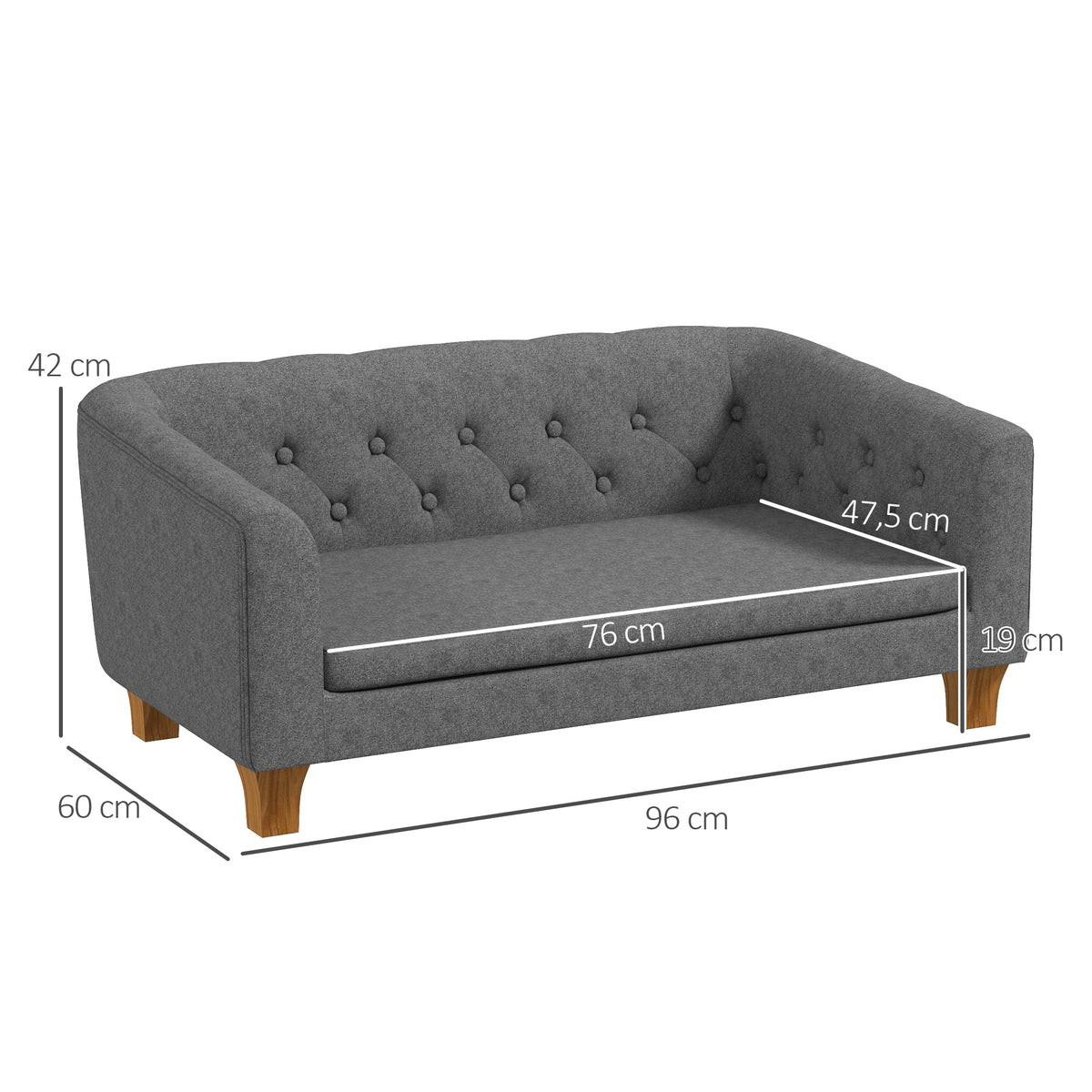 PawHut Hundesofa für kleine und mittelgroße Hunde mit weichem abnehmbarem Kissen, einfacher Installation, 96 x 60 x 42 cm grau