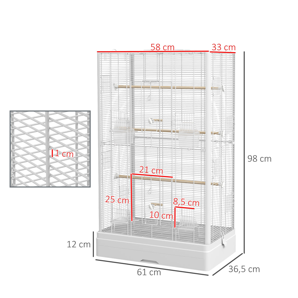 PawHut Vogelkäfig Voliere mit Türen Sitzstangen Käfig für Kanarienvögel Wellensittiche Papageien 61 x 36,5 x 98 cm weiß