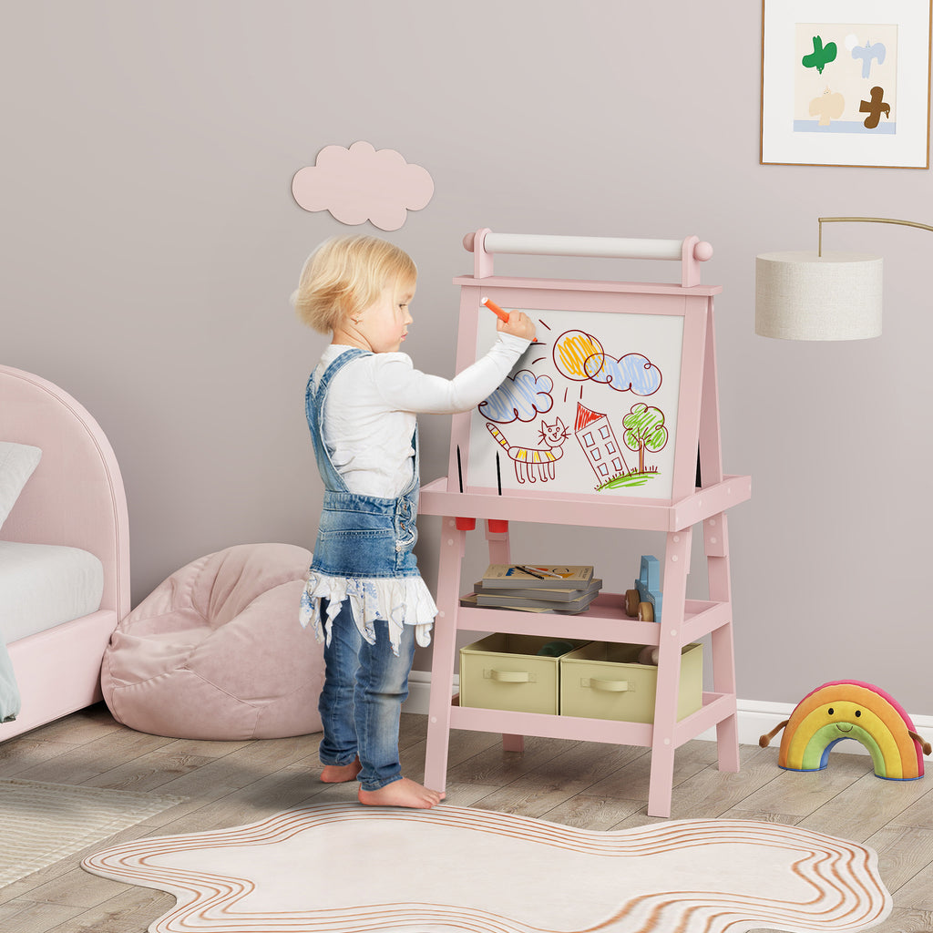 AIYAPLAY Kinder-Malständer 3-in-1 mit magnetischer weißer Tafel, Kreidetafel, Papierrolle, 2 Körben, 3-6 Jahre, Rosa
