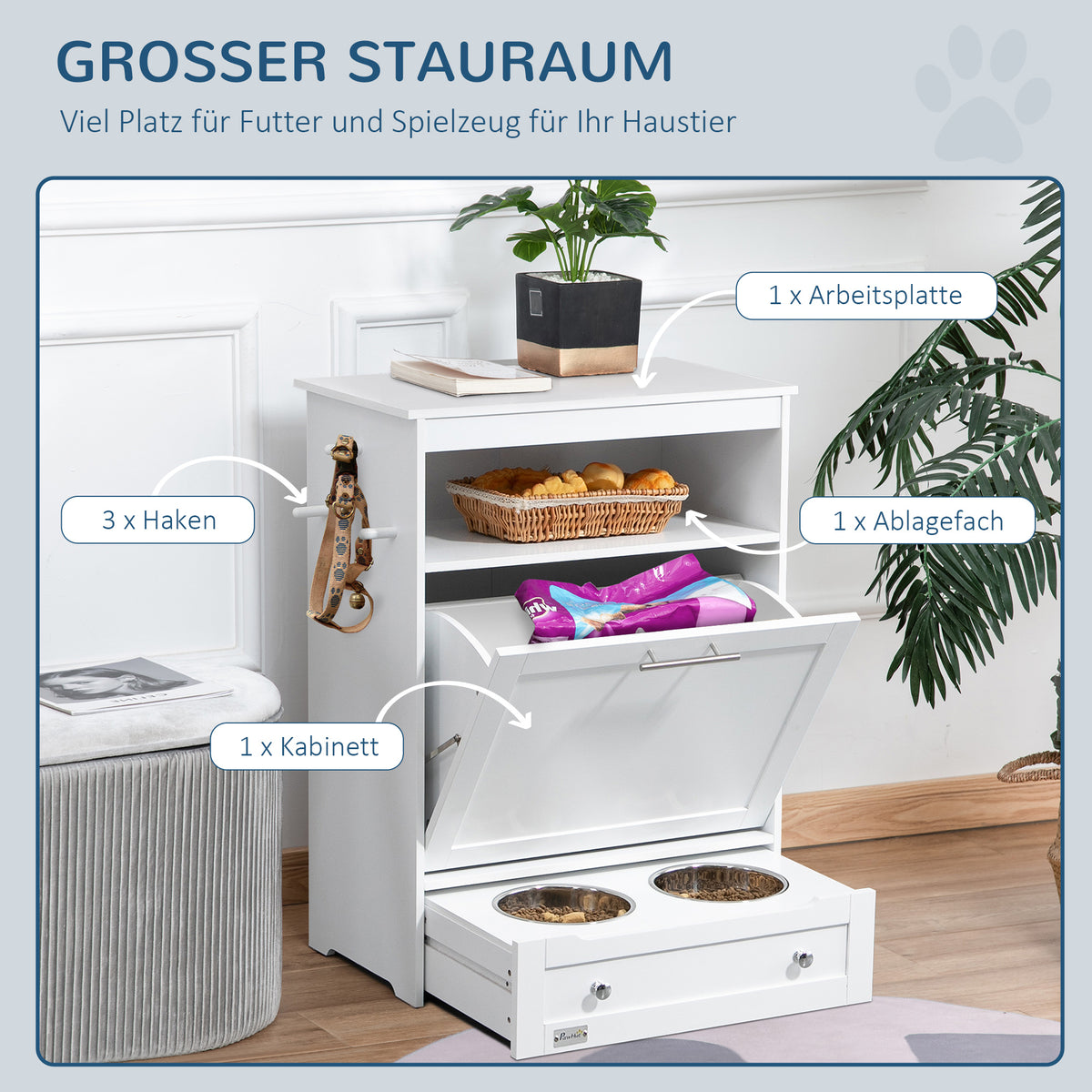 PawHut Futterstation für Haustiere, Aufbewahrungsschrank für Haustierbedarf, mit Futterschüsseln, Haken für Leinen, MDF, Weiß