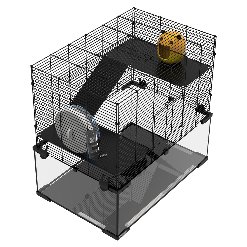 PawHut Hamsterkäfig Hamsterkäfig 3 Ebenen mit Laufrad Rampen Häuschen Trinkflasche Futternapf 60L x 40B x 57H cm Schwarz