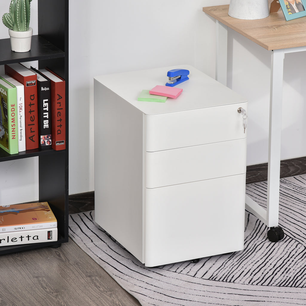 Vinsetto Rollcontainer, mobiler Aktenschrank mit 3 Schubladen, abschließbarer Büroschrank mit Hängeregistratur, Aufbewahrung, Stahl, 39 x 48 x 59 cm Weiß