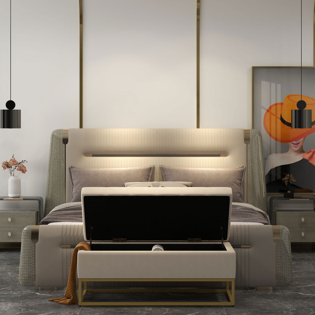HOMCOM Sitzbank mit Stauraum, dekorative Knopfheftung, Flanelloptik, goldfarbene Stahlbeine, 110 x 47 x 46,5 cm