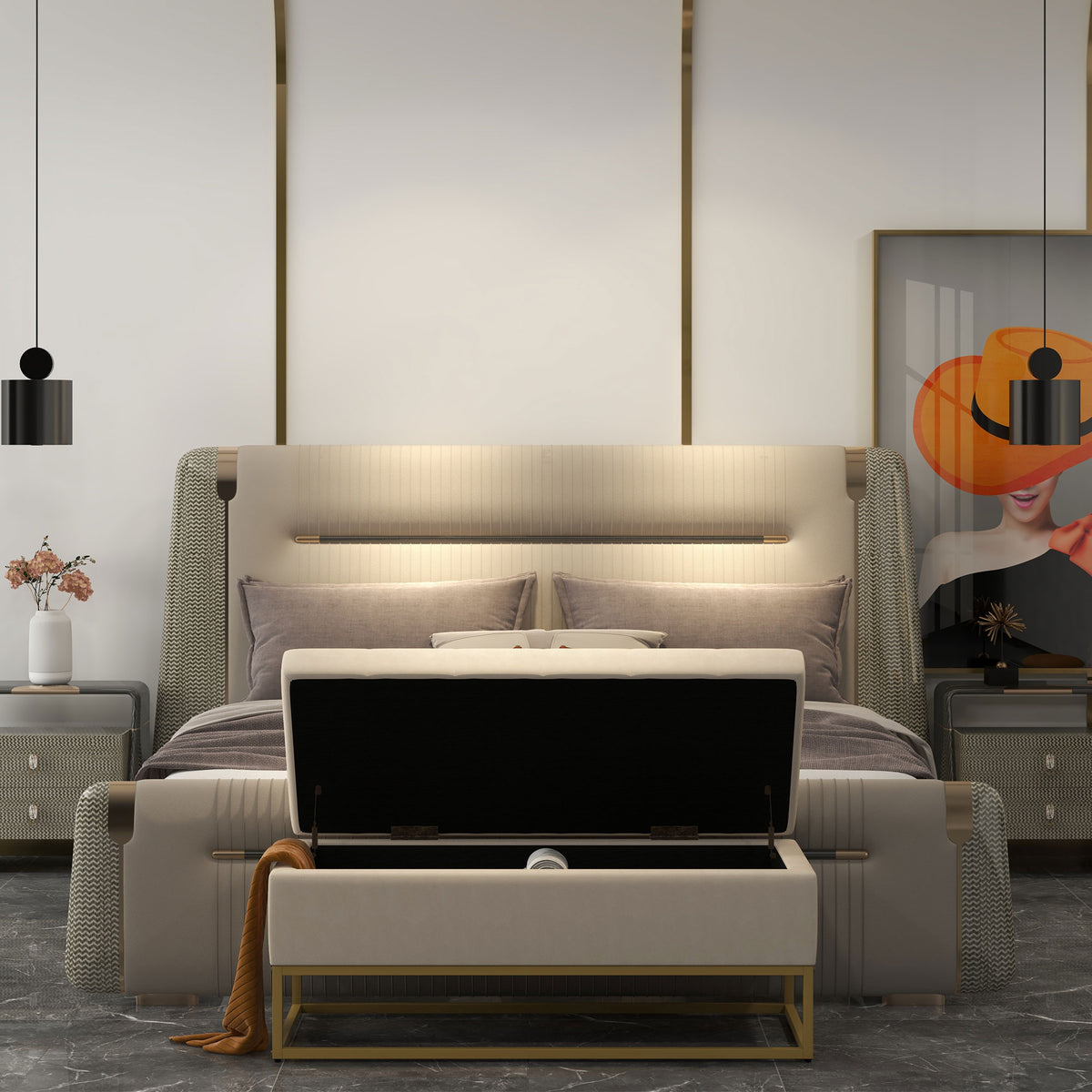 HOMCOM Sitzbank mit Stauraum, dekorative Knopfheftung, Flanelloptik, goldfarbene Stahlbeine, 110 x 47 x 46,5 cm