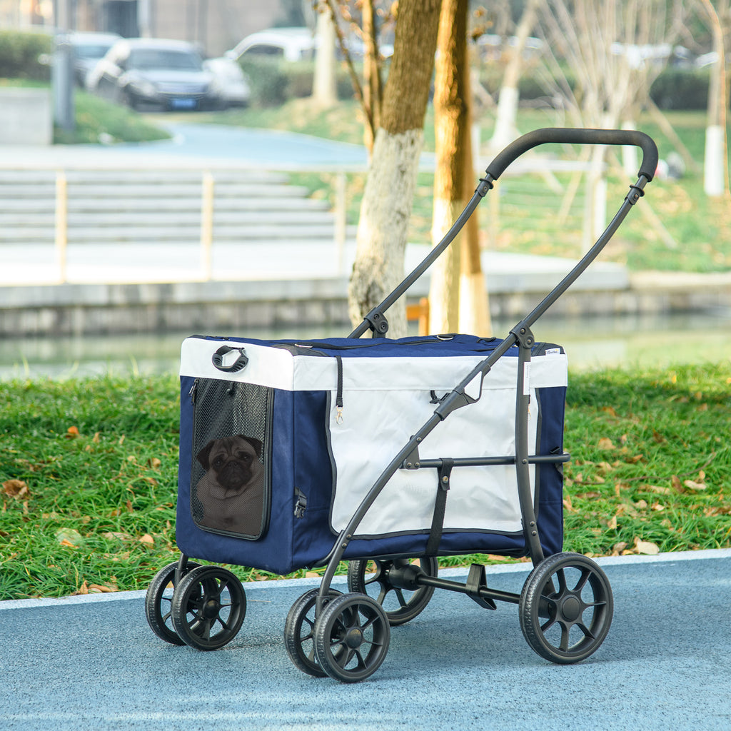 PawHut Hundbuggy Haustierbuggy Haustiertransporter bis 10kg klappbar verstellbare Trageriemen abnehmbarer Korb 81 x 58 x 97,5 cm Schwarz + Blau + Weiß