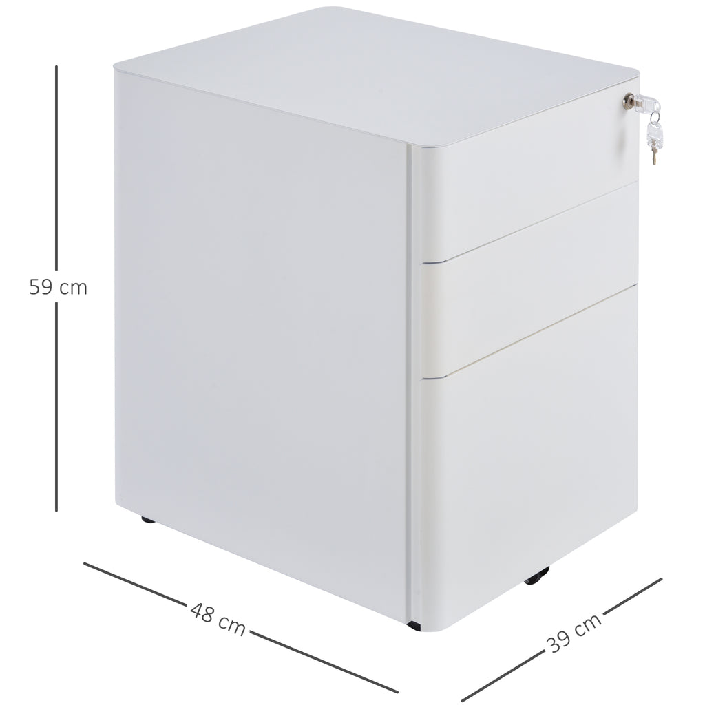Vinsetto Rollcontainer, mobiler Aktenschrank mit 3 Schubladen, abschließbarer Büroschrank mit Hängeregistratur, Aufbewahrung, Stahl, 39 x 48 x 59 cm Weiß