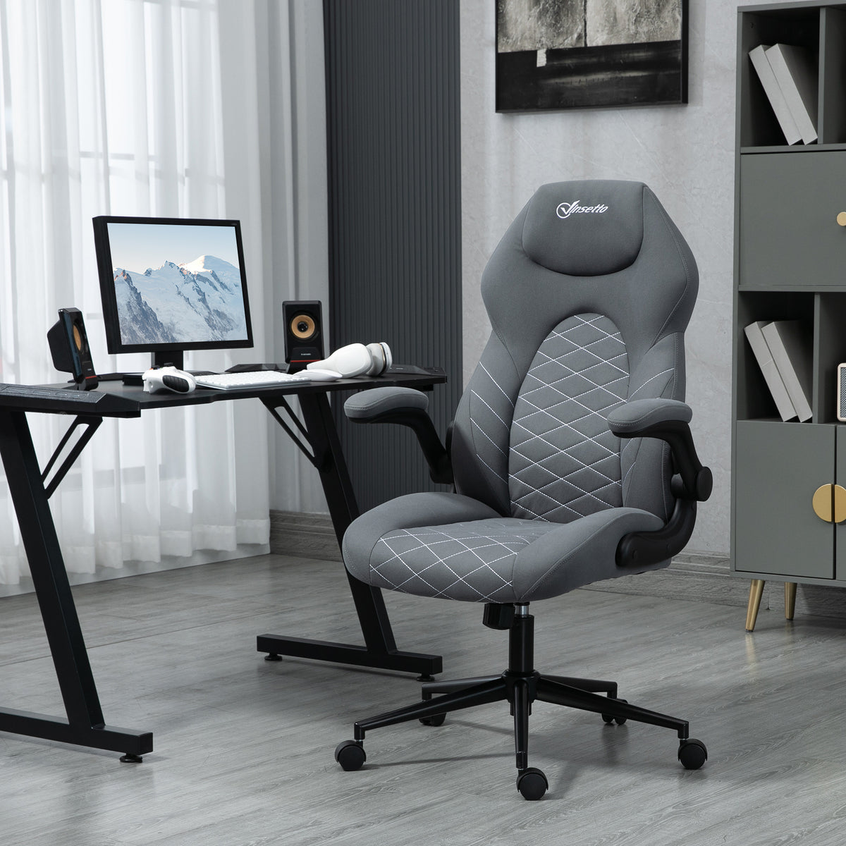 Vinsetto Bürostuhl mit Rückenlehne, höhenverstellbar, klappbare Armlehnen, Wippfunktion, dunkelgrau
