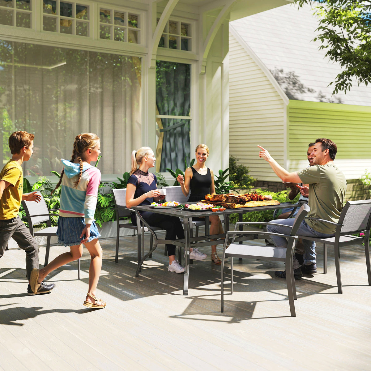 Outsunny Gartentisch Stahl 150x90 cm Wetterfest Balkontisch mit Schirmloch, Lamellen-Design für 6 Personen Schwarz