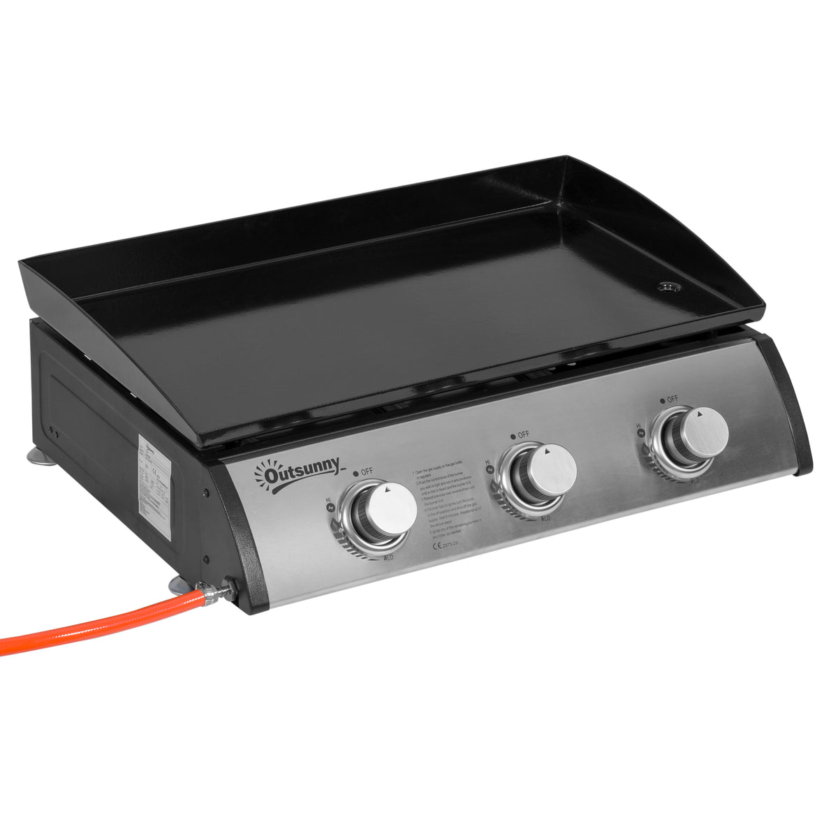 Outsunny Gasgrill mit 3 Brennern, Schlauch, Antihaft-Grillplatte, Edelstahl, Farbe: Silber, 63 x 48 x 21 cm