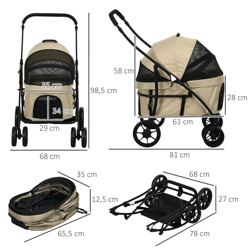 PawHut Hundekinderwagen 2 in 1, klappbare Wanne abnehmbar, Kissen, Sicherheitsgurt, 600D Oxford 81 x 68 x 98,5 cm Khaki