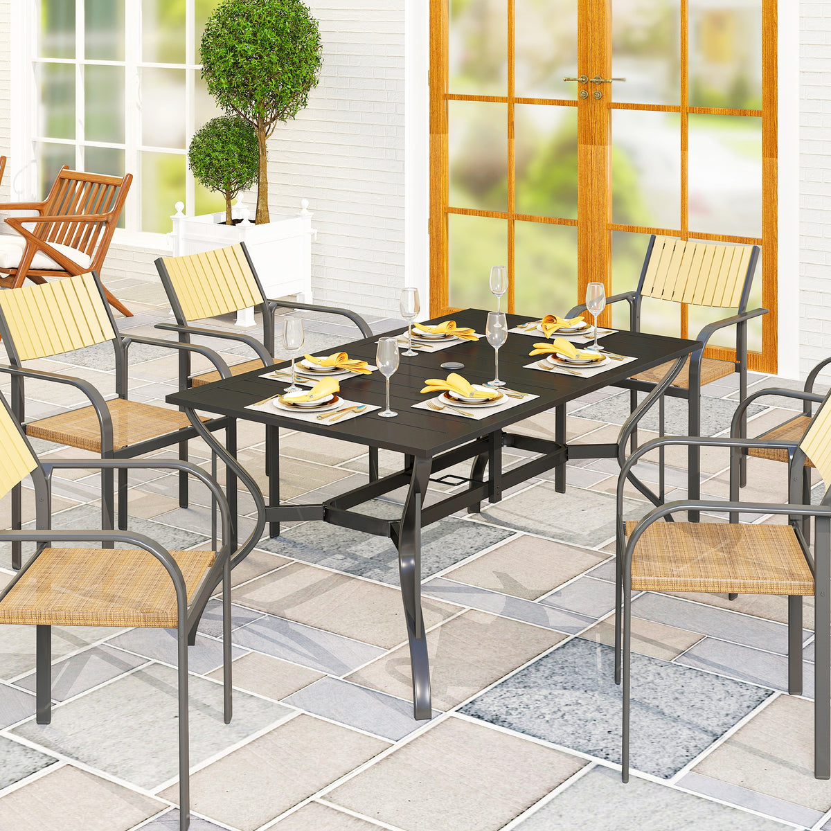 Outsunny Gartentisch Stahl 150x90 cm Wetterfest Balkontisch mit Schirmloch, Lamellen-Design für 6 Personen Schwarz