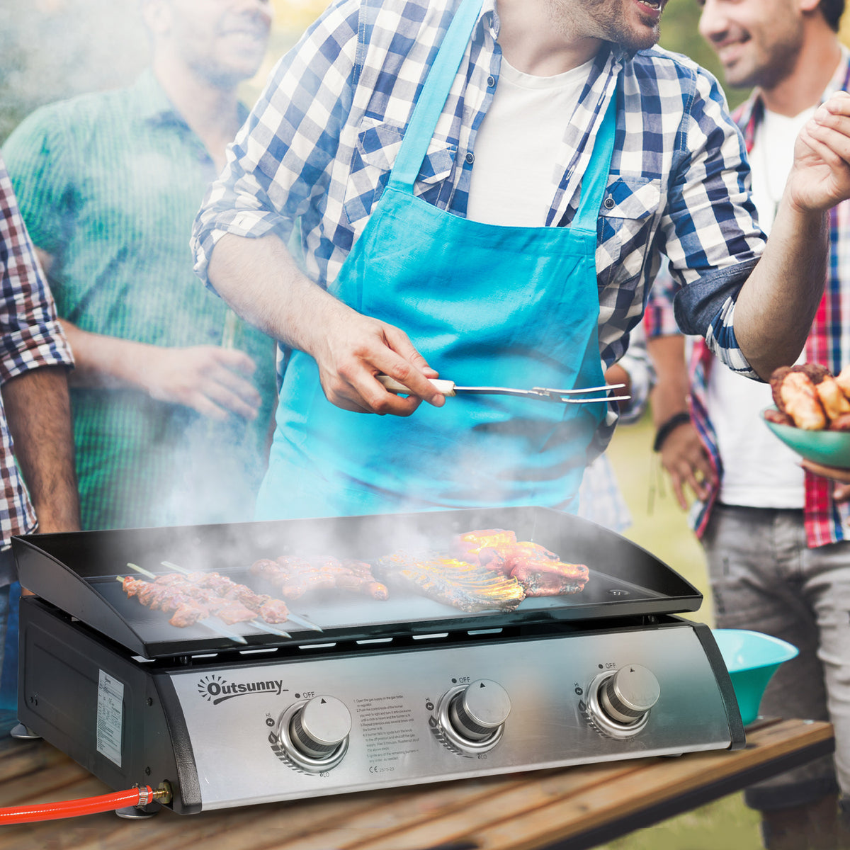 Outsunny Gasgrill mit 3 Brennern, Schlauch, Antihaft-Grillplatte, Edelstahl, Farbe: Silber, 63 x 48 x 21 cm