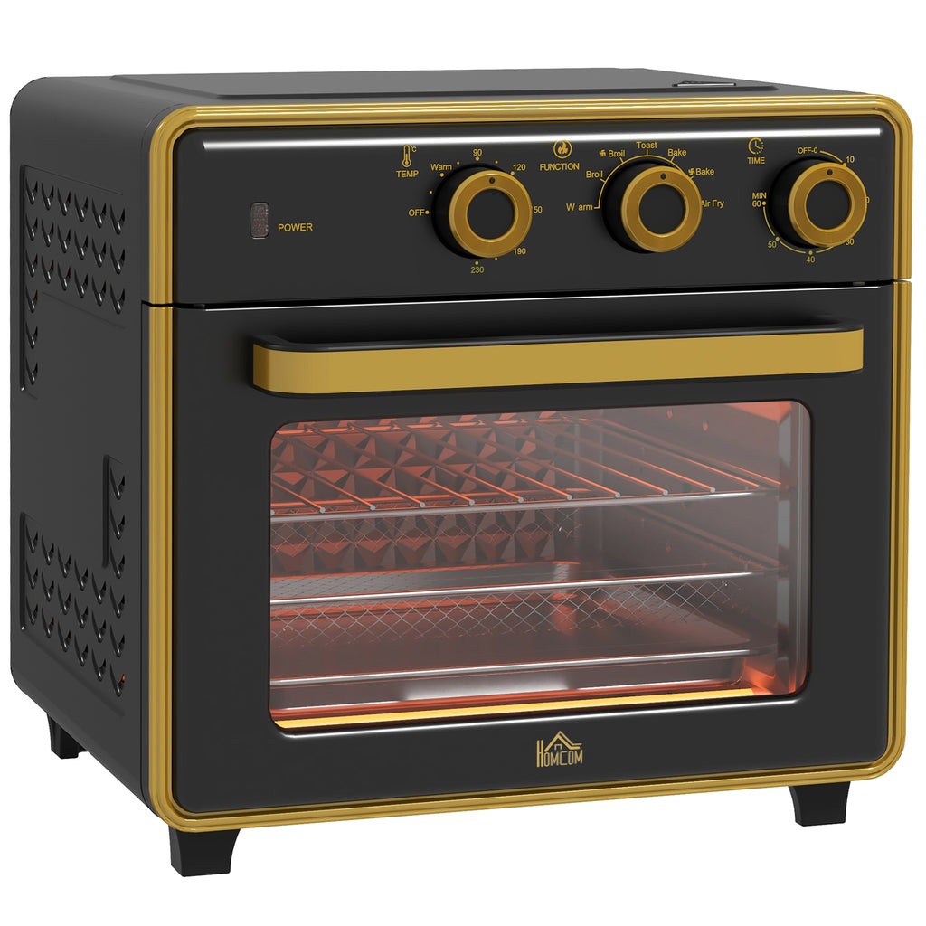 HOMCOM Mini-Backofen, 20 Liter, ölfreies Frittieren, Grillen, Backen, Umluft, 90-230° C, Timer, 1400W, schwarz+gold