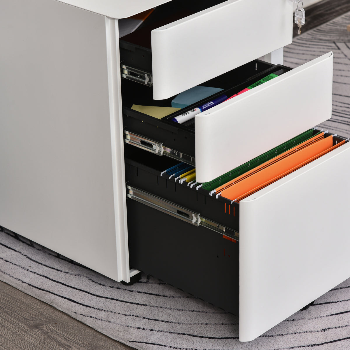Vinsetto Rollcontainer, mobiler Aktenschrank mit 3 Schubladen, abschließbarer Büroschrank mit Hängeregistratur, Aufbewahrung, Stahl, 39 x 48 x 59 cm Weiß