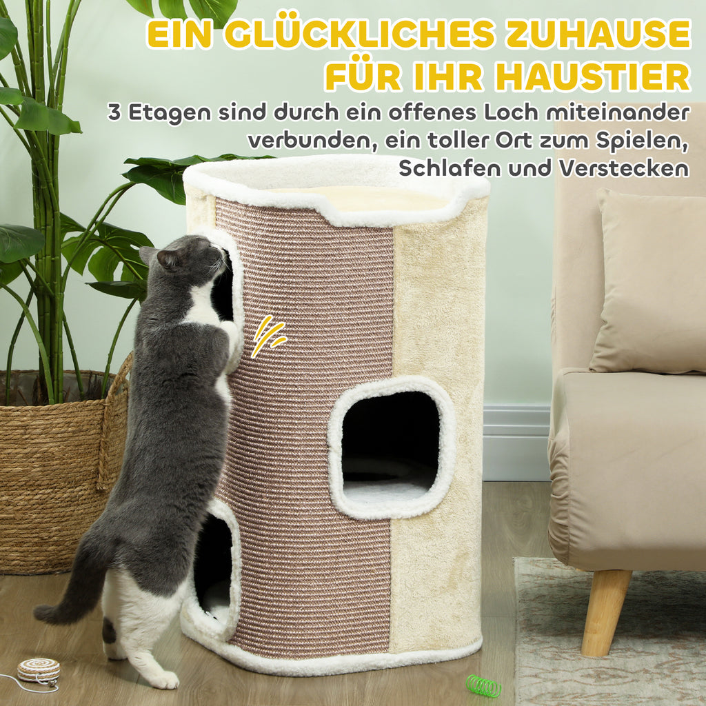 PawHut Kratztonne für Katzen, Katzenbaum, 3 Ebenen, robust, weicher Plüsch, Rückzugsort, Beige