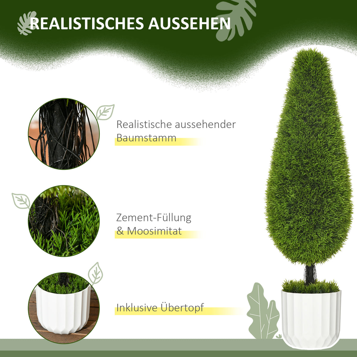 HOMCOM 2er-Set Kunstpflanze inklusive Übertopf und Kunstmoos; Künstliche Zypresse, Weiß + Grün