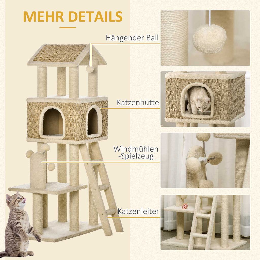 PawHut mit Katzenhöhle inkl. Spielzeug  Sisal Plüsch Khaki + Beige + Kaffee