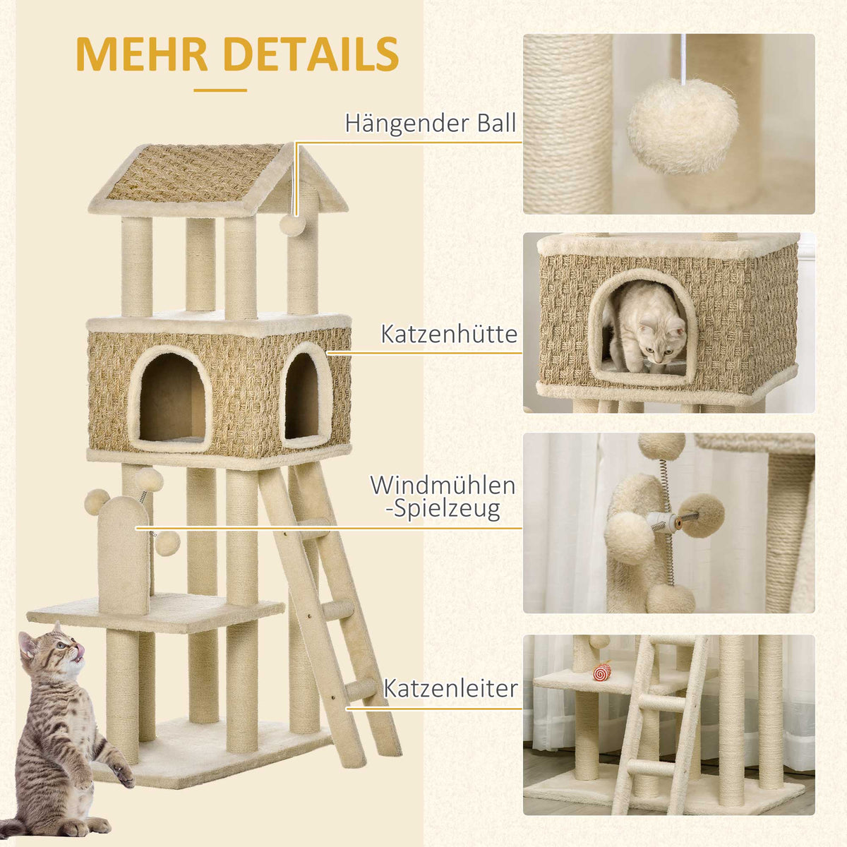 PawHut mit Katzenhöhle inkl. Spielzeug  Sisal Plüsch Khaki + Beige + Kaffee