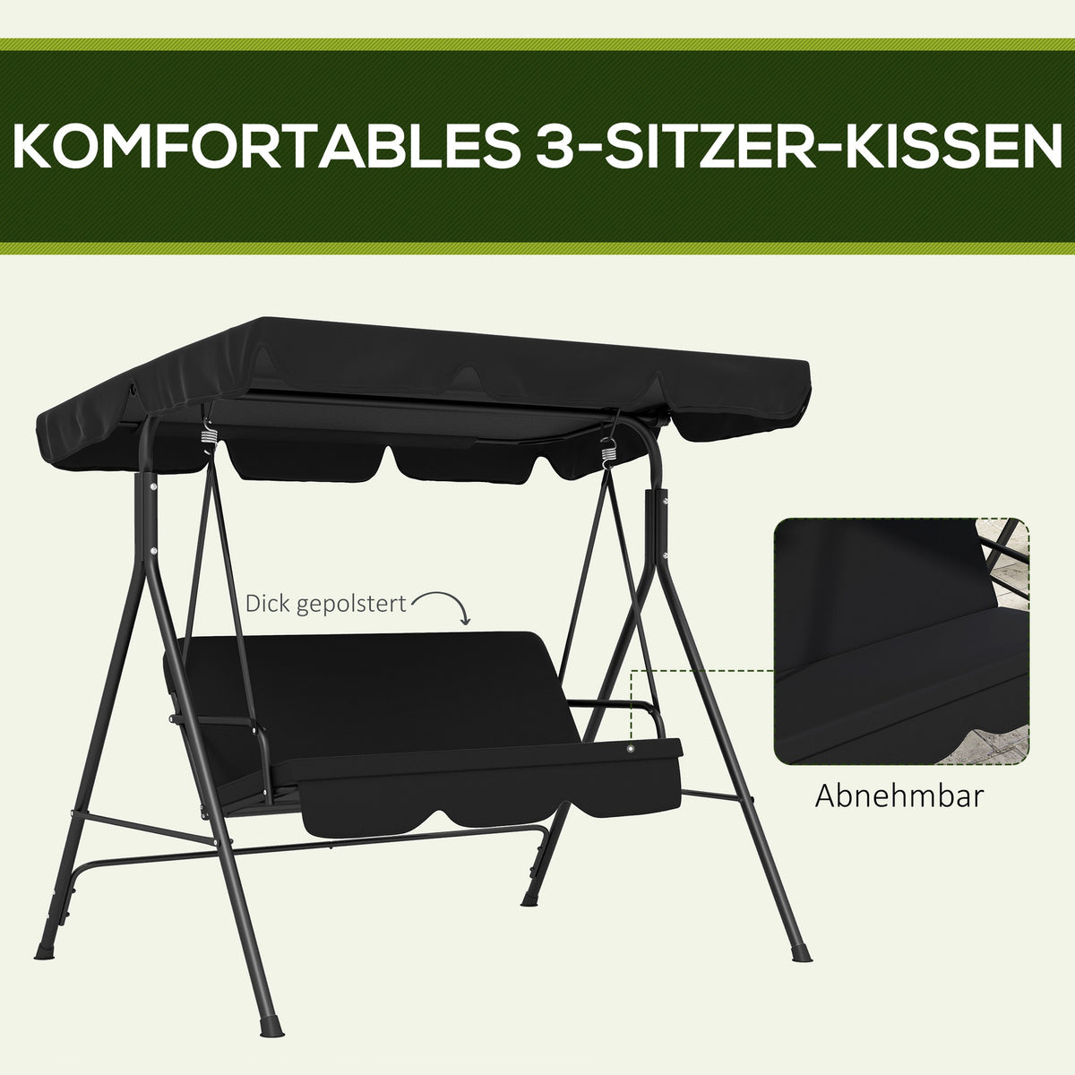 Outsunny 3-Sitzer Hollywoodschaukel Gartenliege Schaukelbank, wetterbeständig, 172 cm x 110 cm x 153 cm, Schwarz