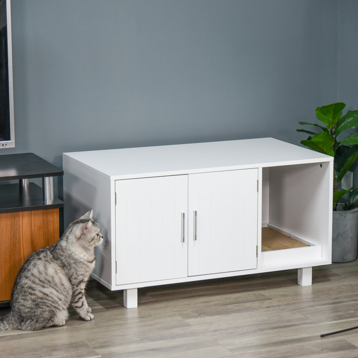 PawHut Katzenklo-Möbel, 2-türig, Kratzbaumfach, Beistelltisch, 50,5H x 91L x 52B cm, MDF, weiß
