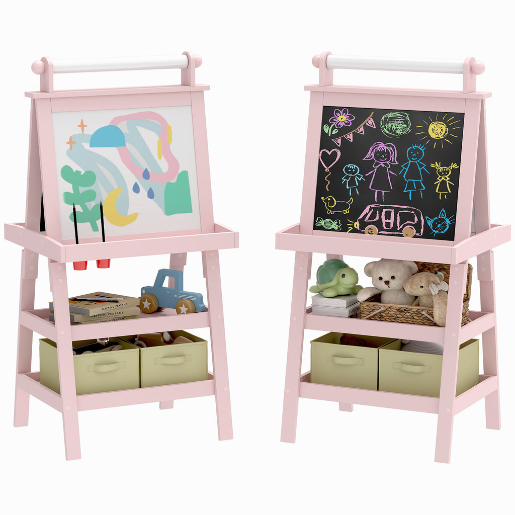 AIYAPLAY Kinder-Malständer 3-in-1 mit magnetischer weißer Tafel, Kreidetafel, Papierrolle, 2 Körben, 3-6 Jahre, Rosa