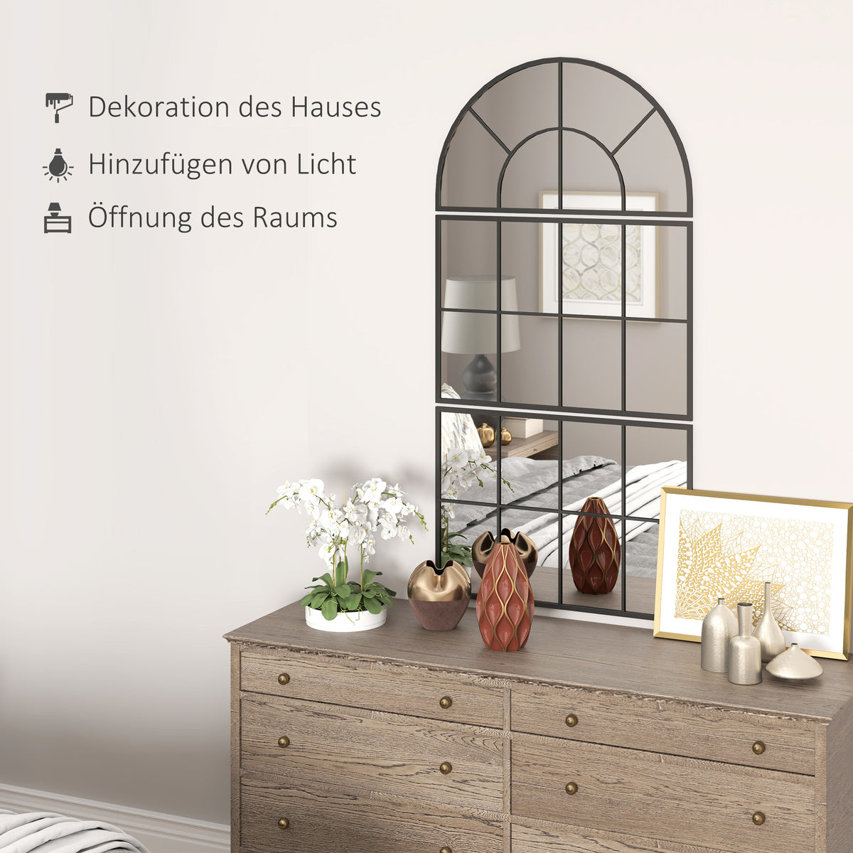 HOMCOM Wandspiegel, Fensterspiegel, dreiteilig, Metallrahmen, 76 x 53 cm, Schwarz