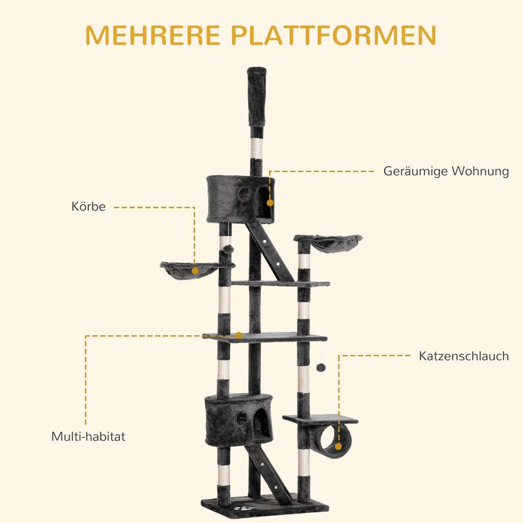 PawHut Katzenkratzbaum 240-260 cm Deckenhoch Kratzbaum groß Kletterbaum Katze Kratzbaum für große Katzen mit Sisalseil Dunkelgrau