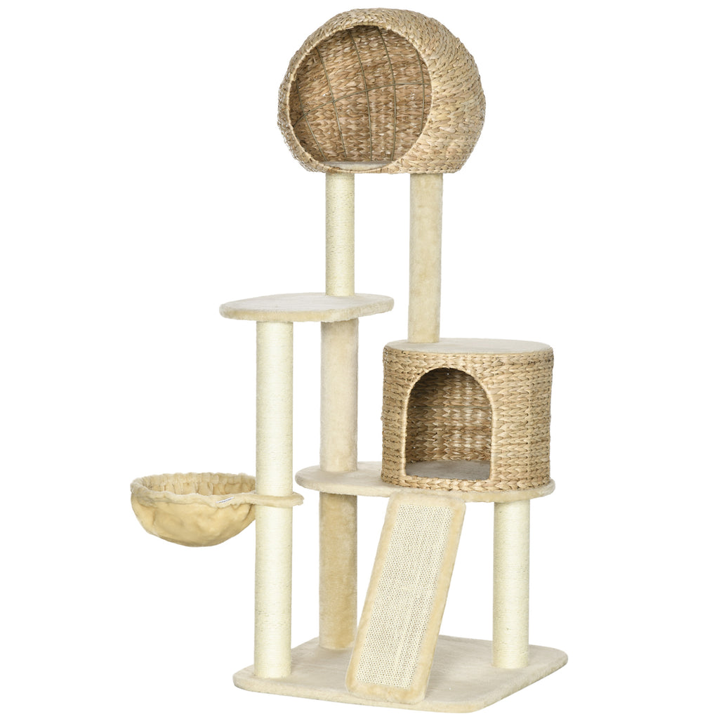 PawHut Kratzbaum, mit Katzenhaus, mehrere Plattformen, Hängematte, Kratzmatte, Kippschutz, beige, 60 x 60 x 150cm