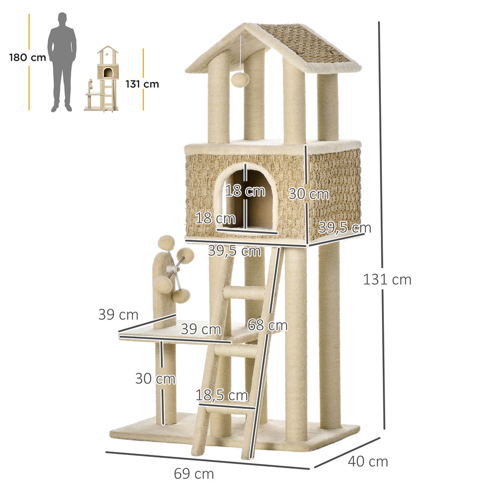 PawHut mit Katzenhöhle inkl. Spielzeug  Sisal Plüsch Khaki + Beige + Kaffee