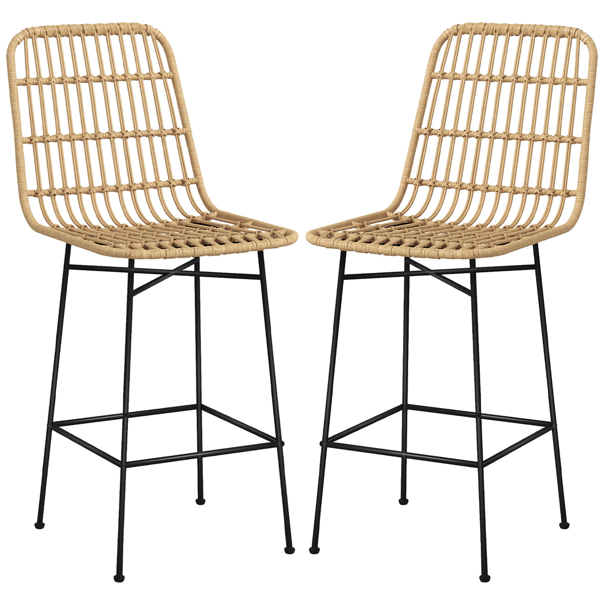 HOMCOM Barhocker Barstuhl, Boho-Stil, PE-Rattan, 45 x 53,5  x 105 cm, Natur + Schwarz