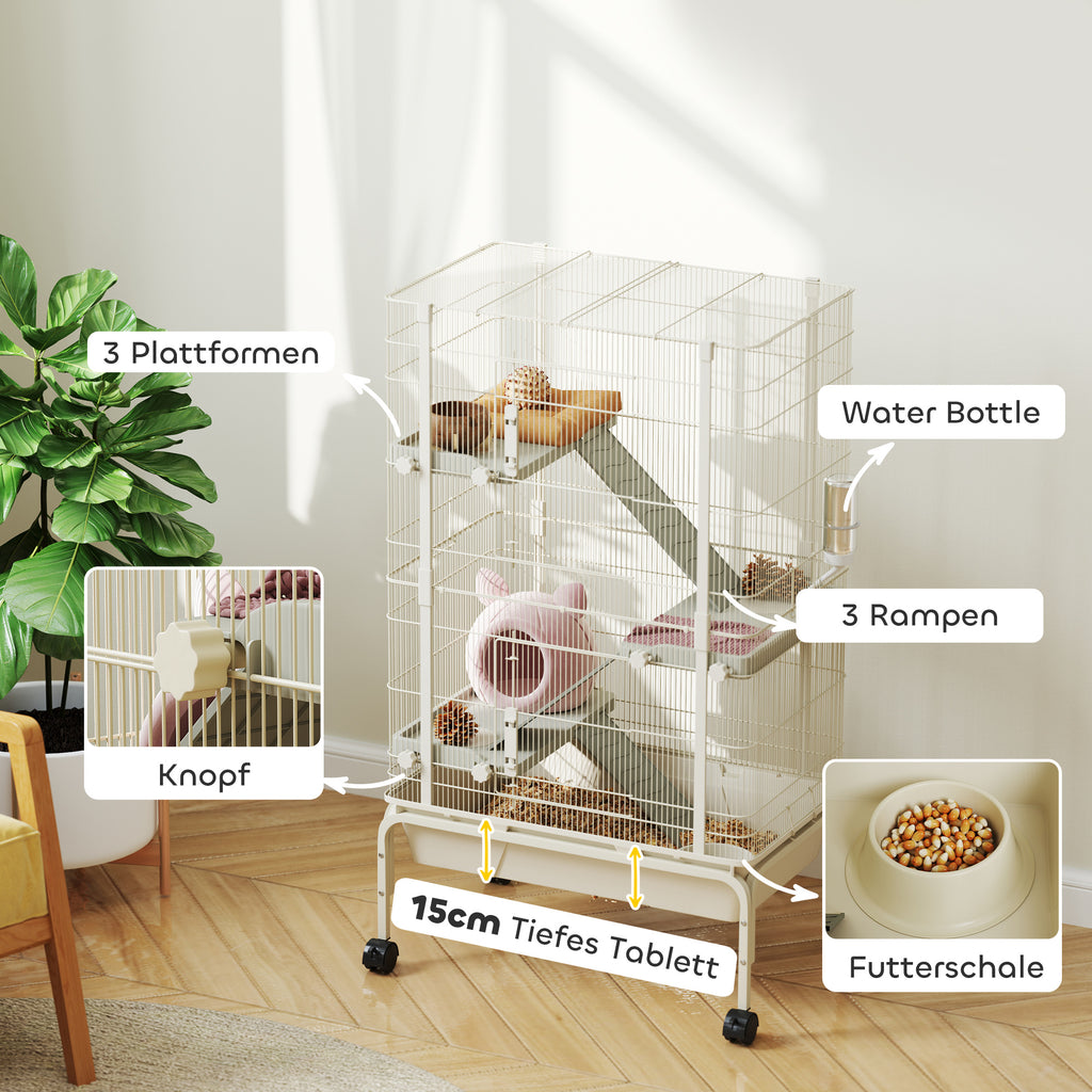 PawHut Kleintierkäfig, Haustierkäfig mit 4 Ebenen, Futterschale, Wasserflasche, 88 x 48 x 150,5 cm, Beige