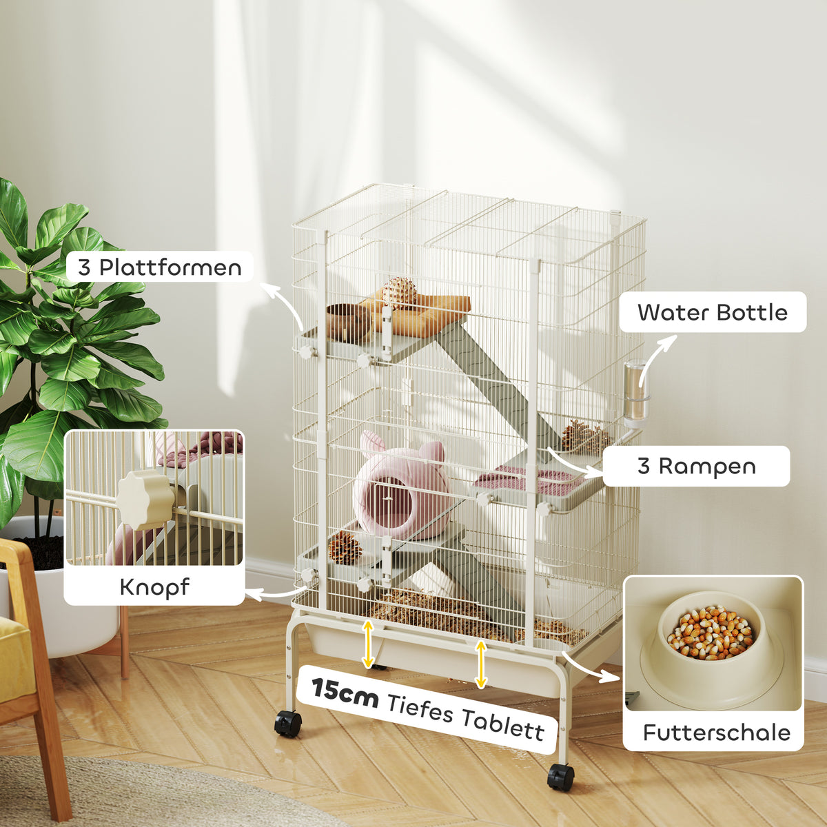 PawHut Kleintierkäfig, Haustierkäfig mit 4 Ebenen, Futterschale, Wasserflasche, 88 x 48 x 150,5 cm, Beige