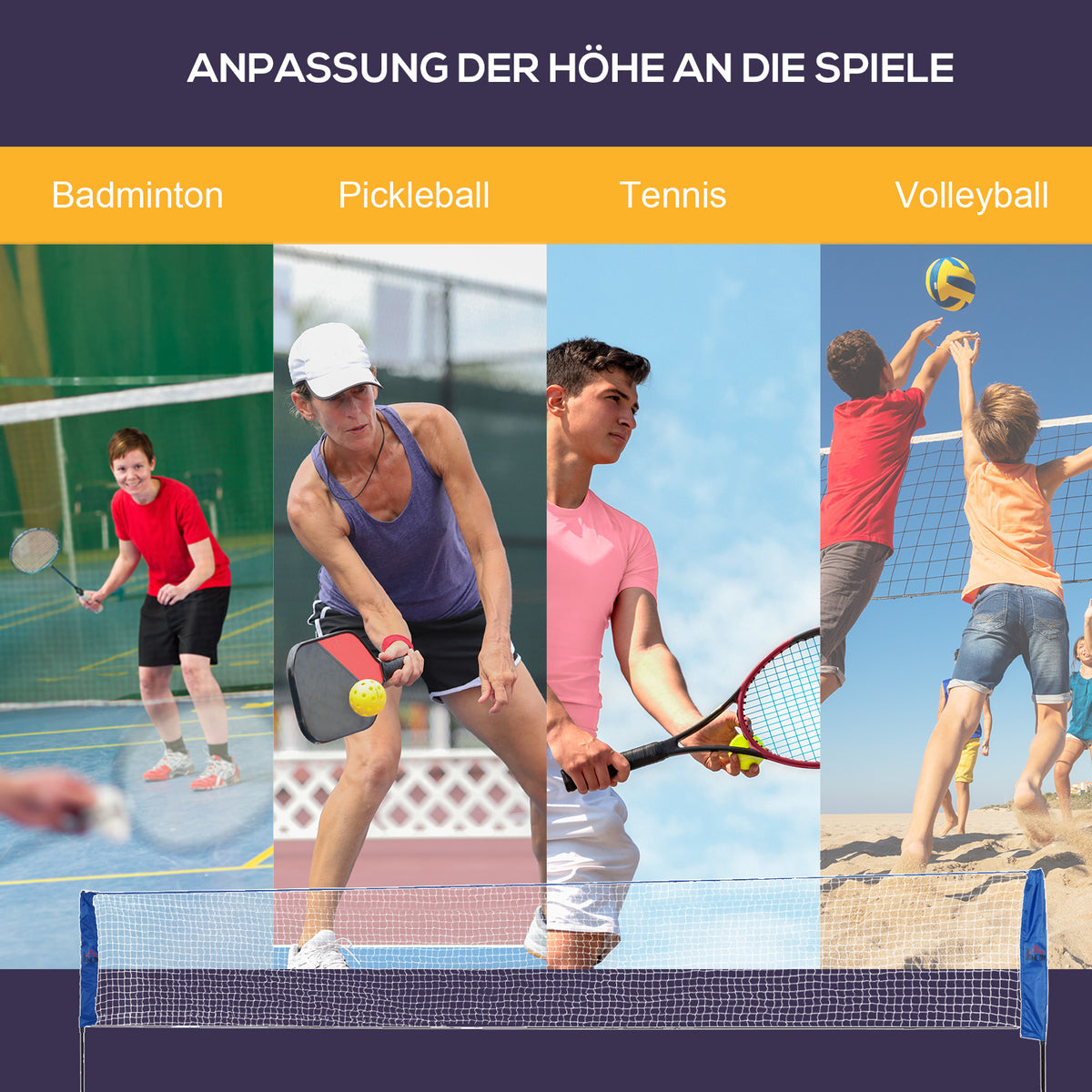 HOMCOM Badmintonnetz Set faltbares Tennisnetz mit Badmintonschläger 107/120/155H cm Höhenverstellbar Indoor Outdoor Federballnetz mit Transporttasche Metall Polyester Blau+Schwarz