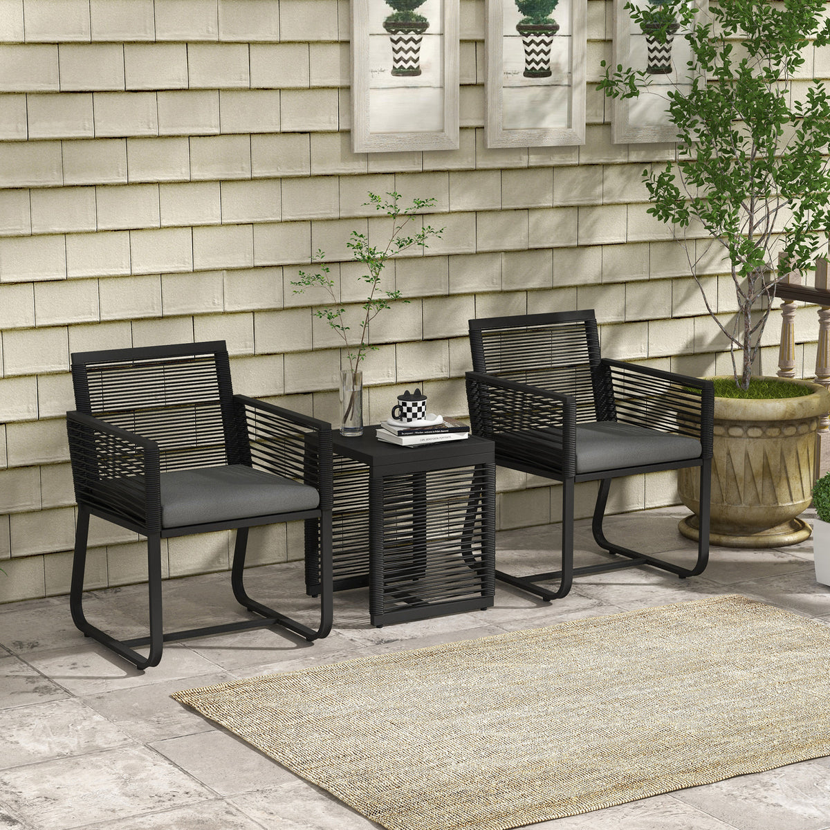 Outsunny 3-teiliges Bistro-Set Balkon-Set Terrassen-Set, wetterbeständig, modernes Design, 53 cm x 57 cm x 77 cm, Schwarz + Grau
