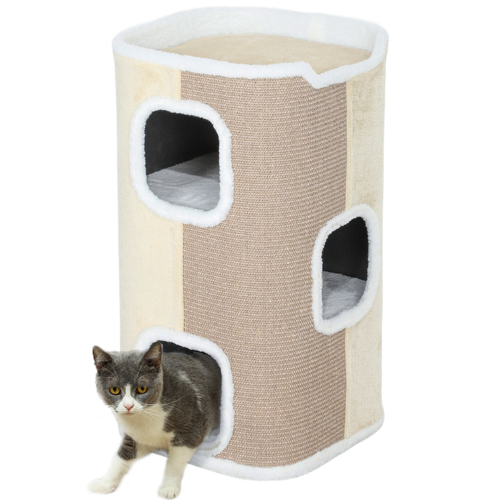 PawHut Kratztonne für Katzen, Katzenbaum, 3 Ebenen, robust, weicher Plüsch, Rückzugsort, Beige