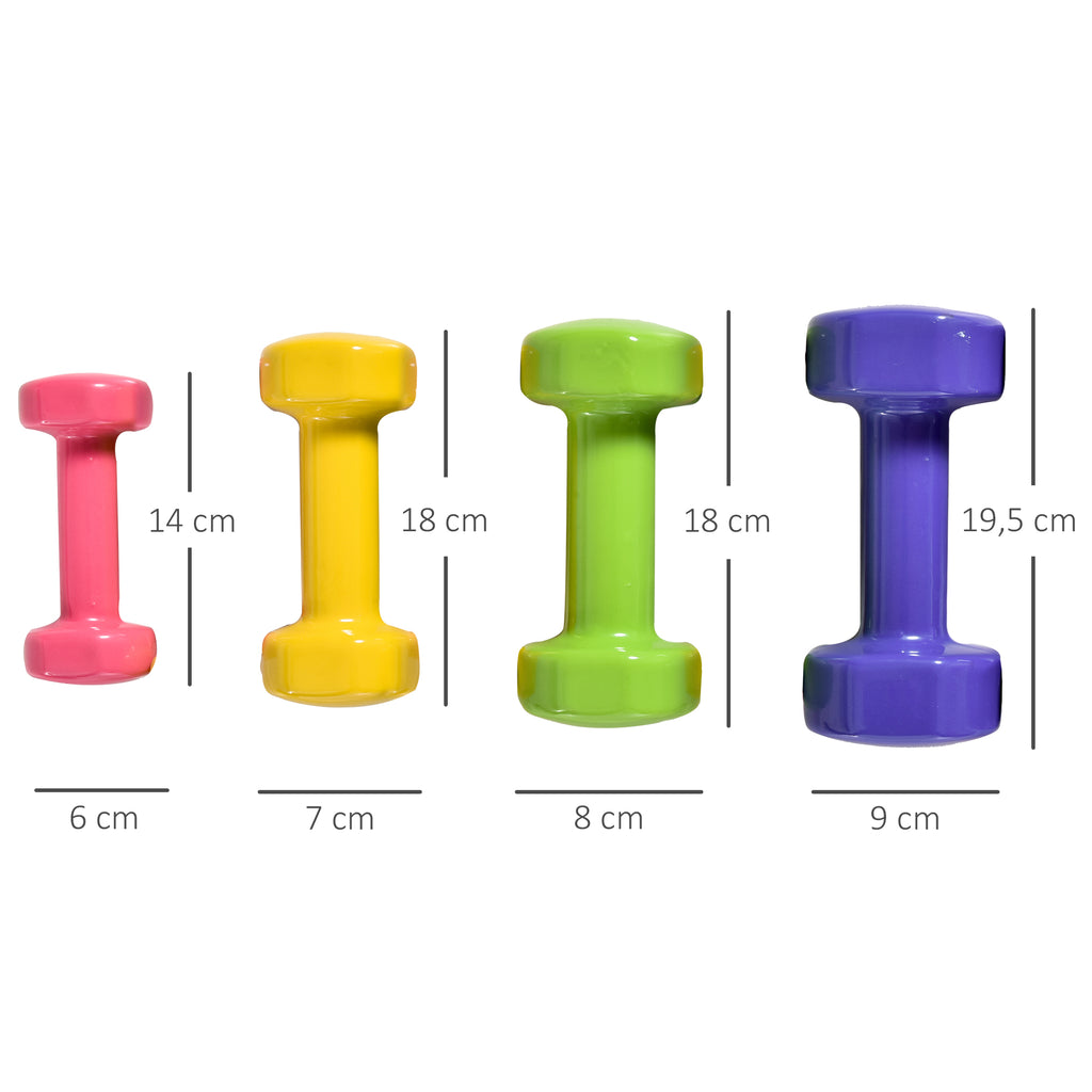HOMCOM Set aus 8 hexagonalen Hanteln, Gesamtgewicht 20 kg, Set aus 8 kurzen Hanteln für das Fitnessstudio mit Polyurethanbeschichtung in Multicolor