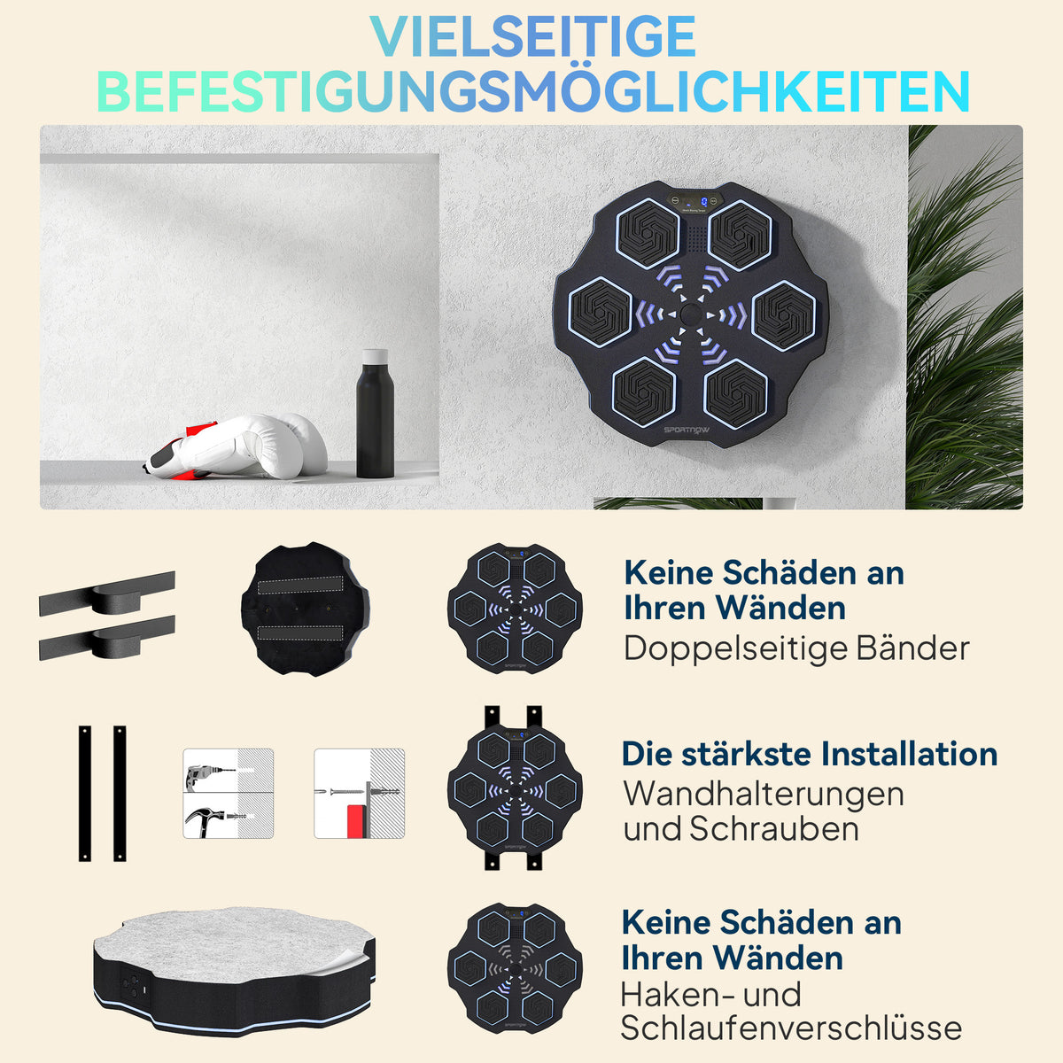 SPORTNOW Musikboxmaschine, Bluetooth-Boxgerät, Wandmontage, 9 Geschwindigkeiten und Modi, LED-Lichter, Schwarz