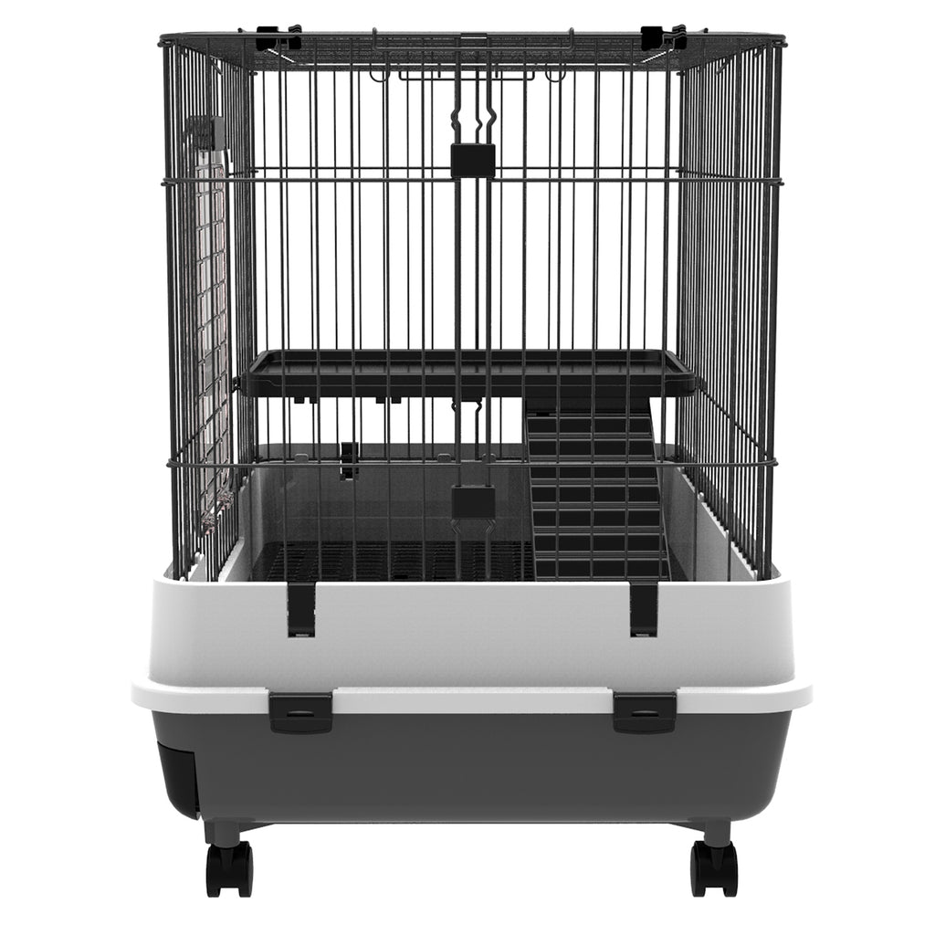 PawHut Kleintierkäfig mit Räder, 2 Türen, Plattform, Bodenfach, Metall, Schwarz, 81,2 x 52,7 x 66 cm
