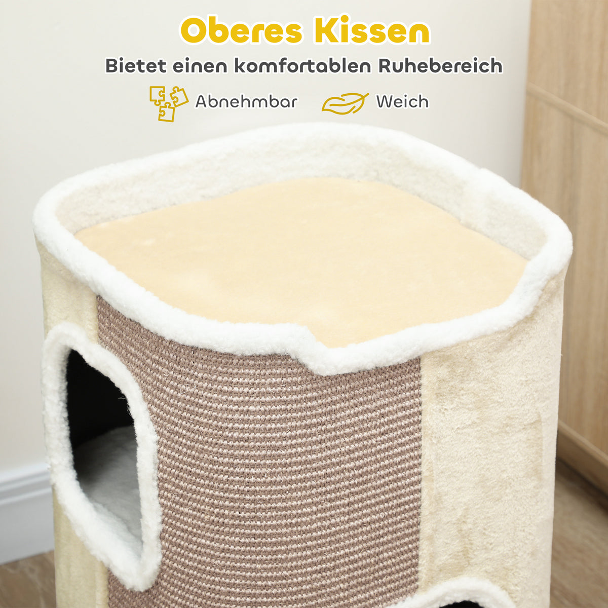 PawHut Kratztonne für Katzen, Katzenbaum, 3 Ebenen, robust, weicher Plüsch, Rückzugsort, Beige